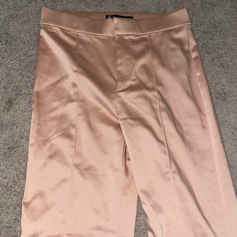 Blush pink silk flare trousers